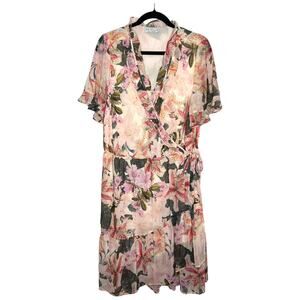 Estelle Women's Plus Size Wrap Dress Lily Print Size 1X 16W Pink Ruffle